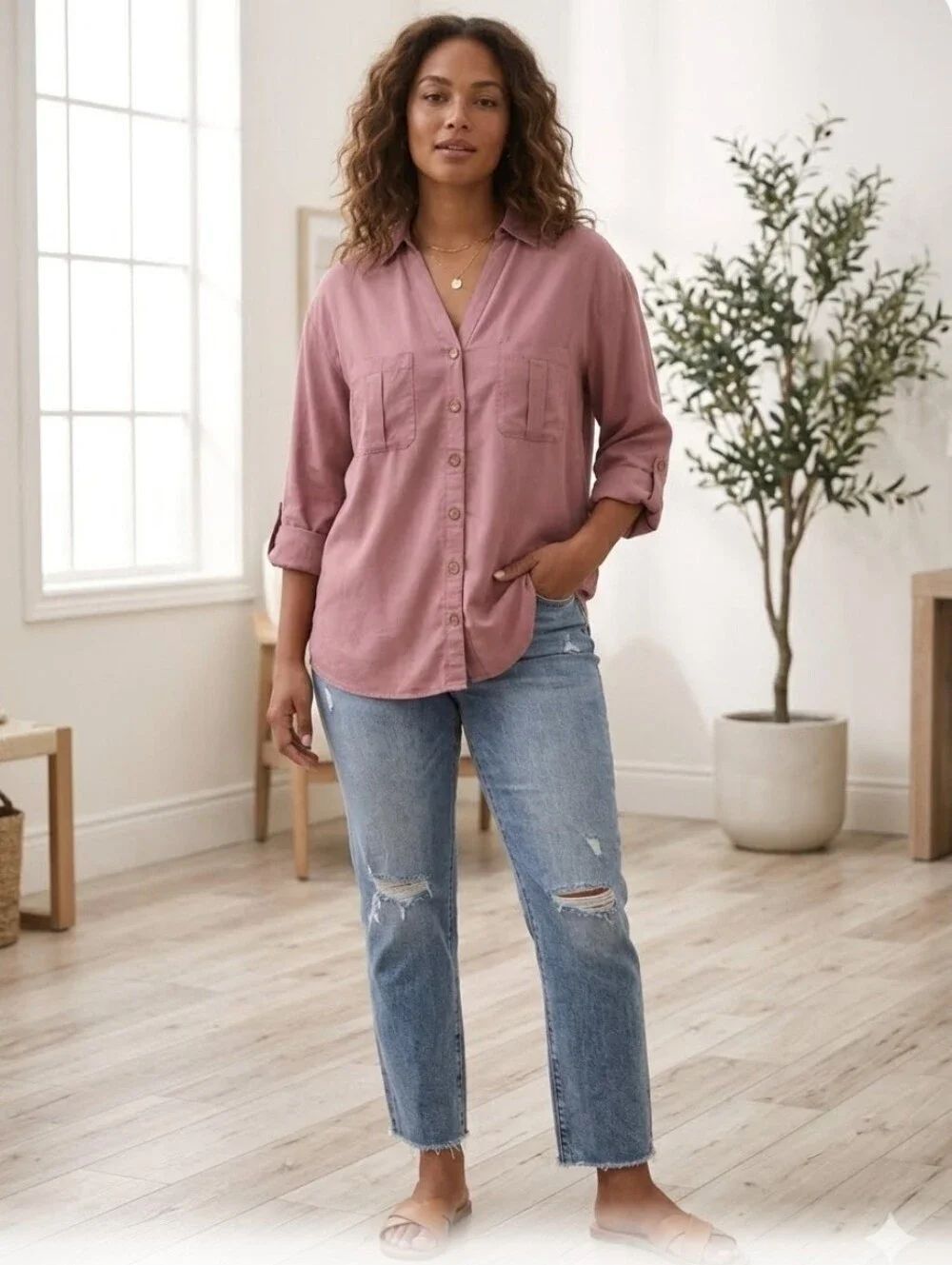 Black Label by C'Est Toi 100%TENCEL RollUp Slv V-Neck Utility Blouse L PinkQueen